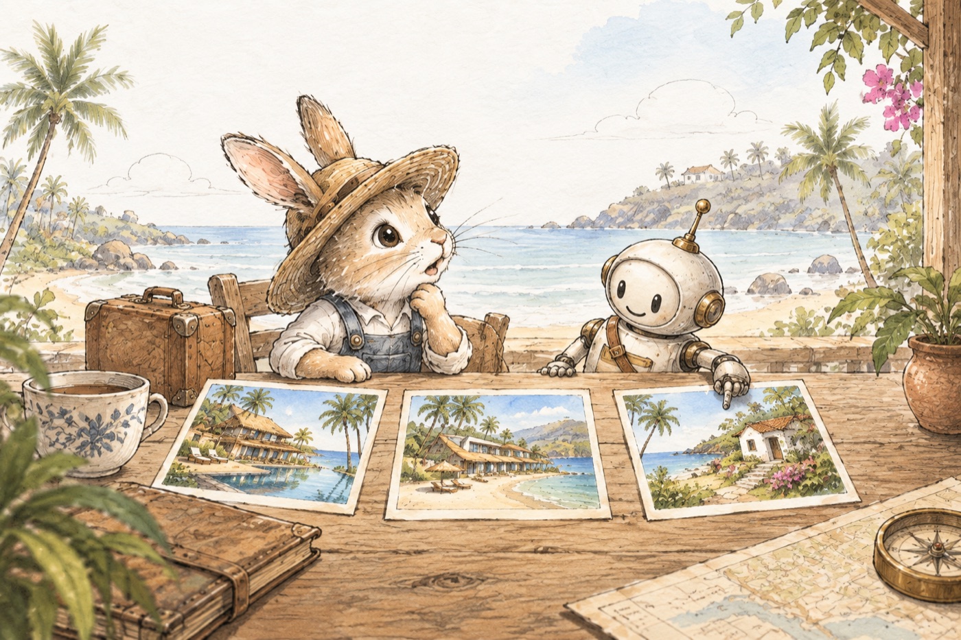 A rabbit traveller choosing among quiet seaside hotels while a small helper presents three options.