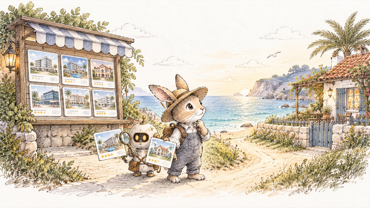 A rabbit compares a booking service with an independent seaside hotel while a helper checks the details.
