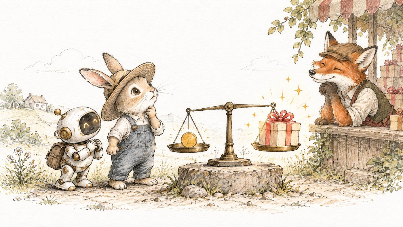 A rabbit weighs a subscription against a tempting offer from a seller while a small helper waits attentively.