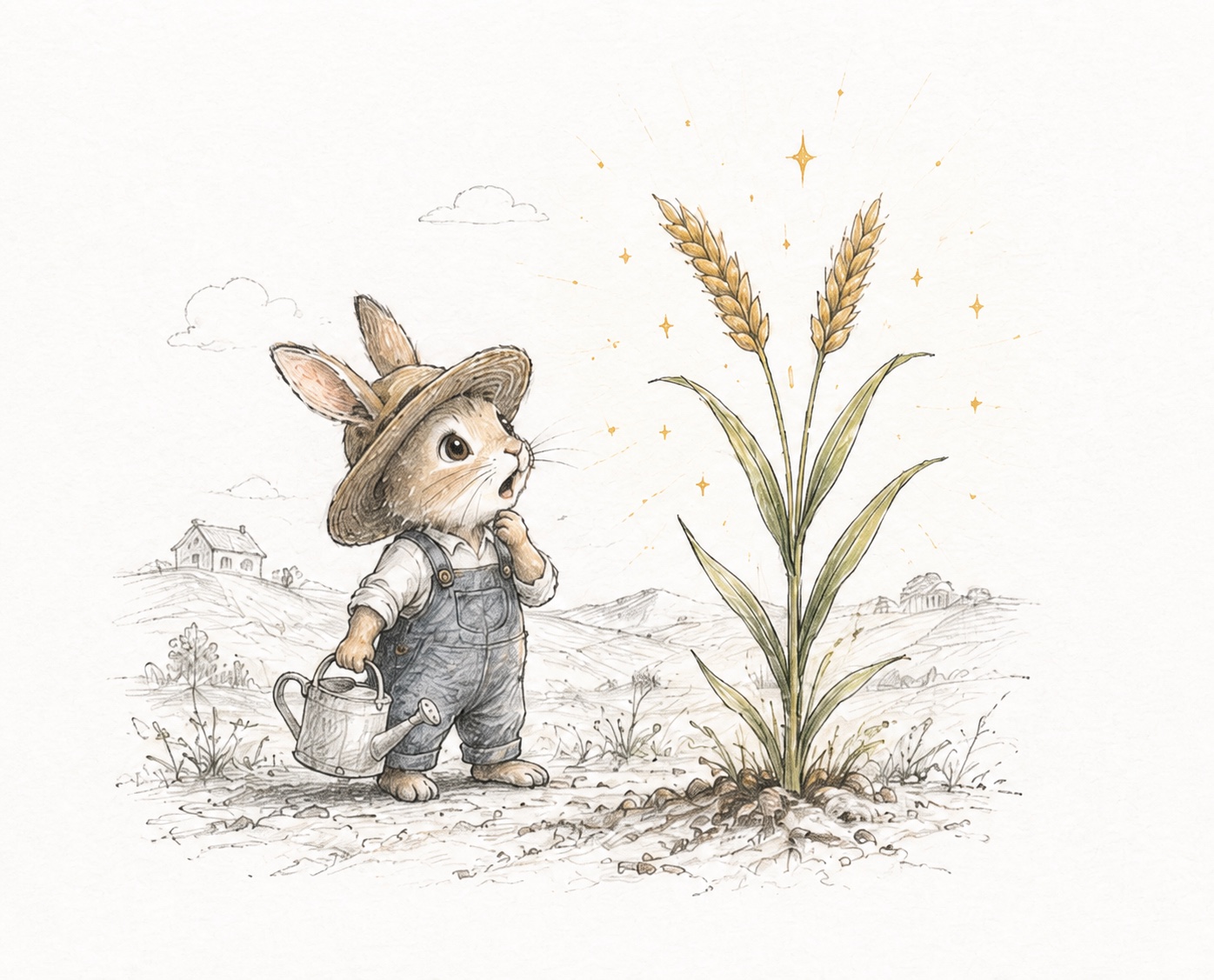 A rabbit farmer holding a watering can and looking up at a tall, glowing wheat plant.