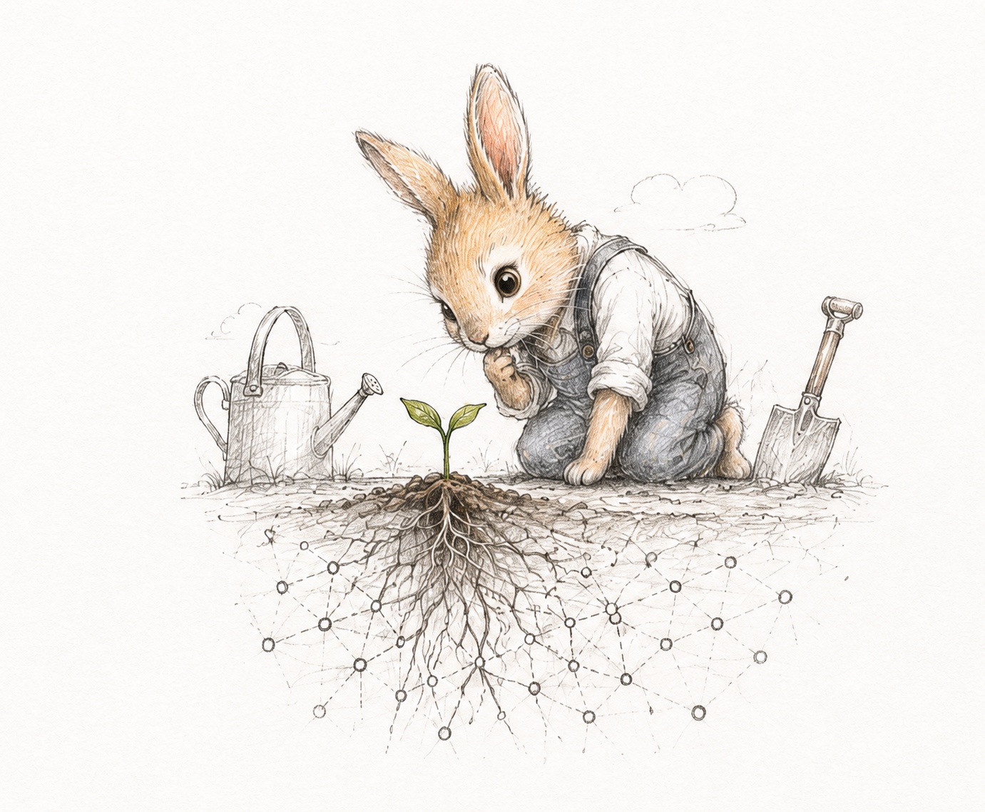 A rabbit kneeling beside a sprout whose roots spread into a network beneath the soil.