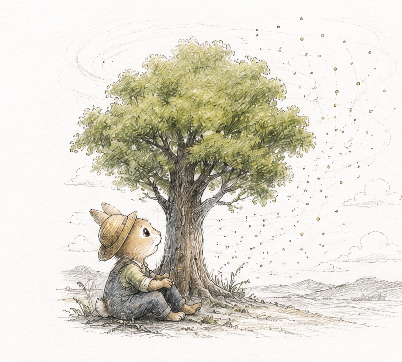 A rabbit resting against a mature tree while lines and particles swirl around its canopy.