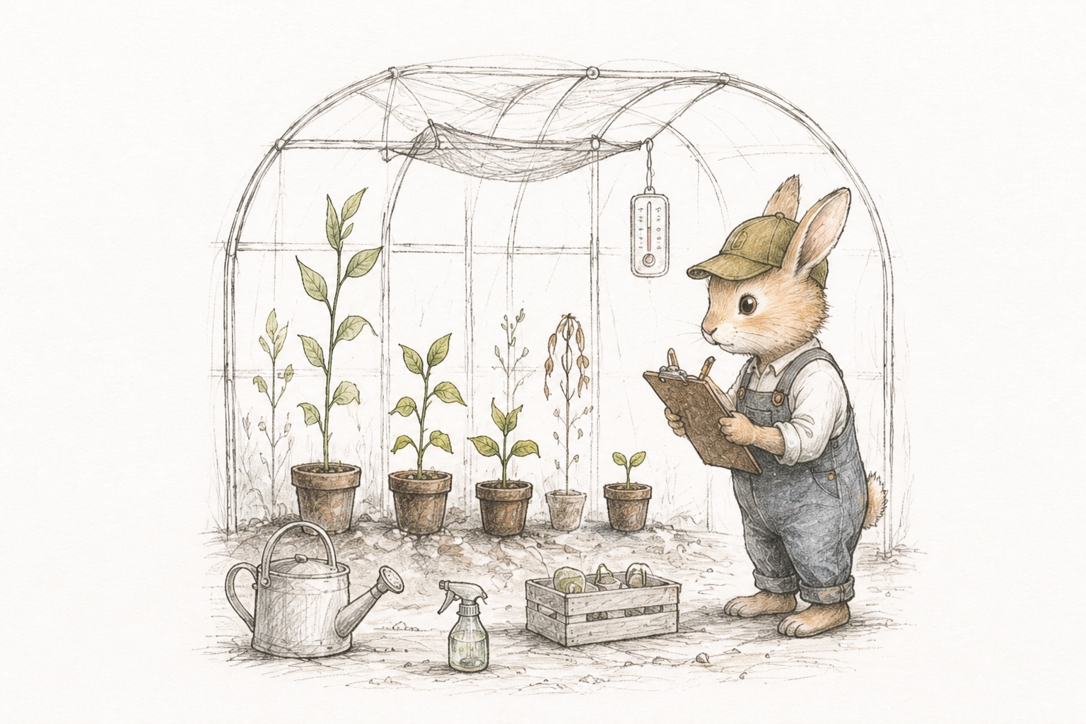 A rabbit recording the varied growth of plants inside a controlled greenhouse.