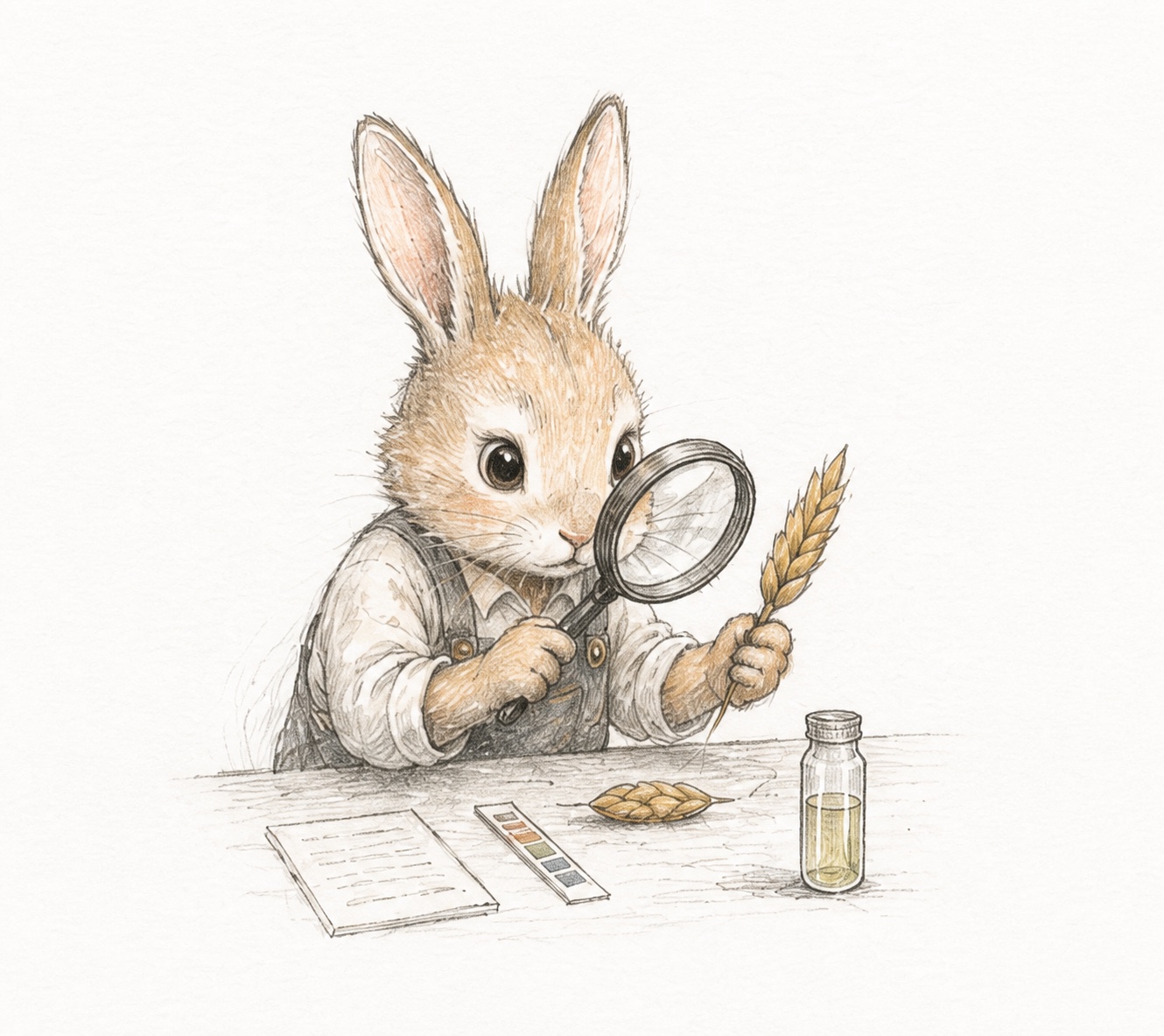 A rabbit examining a wheat stalk with a magnifying glass beside test papers and a sample bottle.
